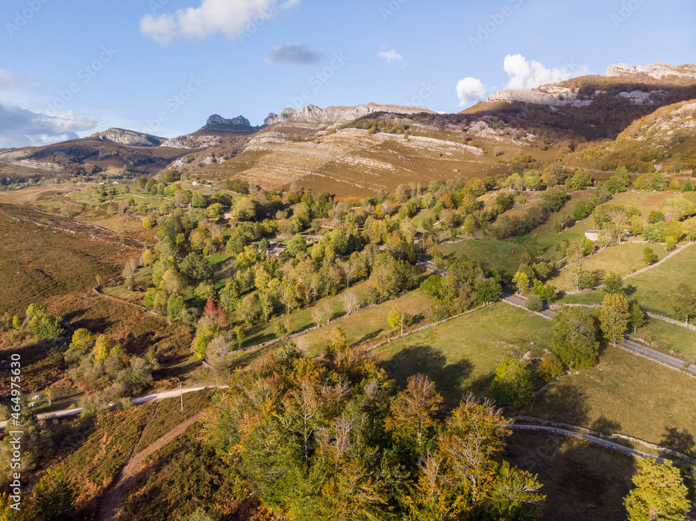 Forests in the Espinosa mountains in autumn with the drone.