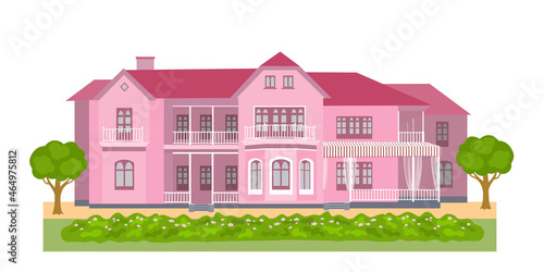 Vector rich house isolated on white background, illustration of big expensive mansion, luxury large cottage in greens
