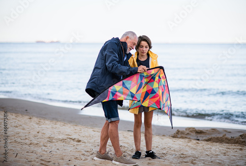Senior man and his preteen granddaughter preparing kite for flying on sandy beach.