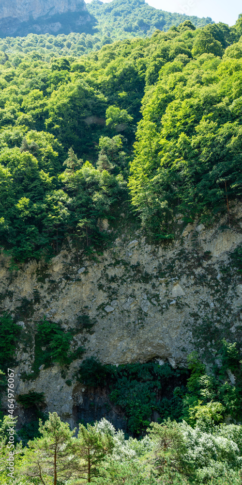 Mountain view in the gorge, North Ossetia, Russia. Impenetrable rocks, majestic mountains and forests. Vertical format. Mountain view in the gorge, North Ossetia, Russia. Impenetrable rocks, majestic mountains and forests. Vertical format.
