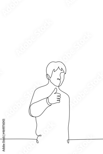 man stands showing thumbs up gesture with his right hand - one line drawing. approval gesture concept