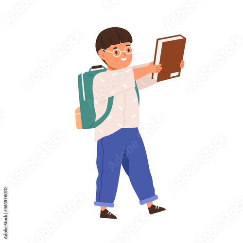 Happy child going to school with schoolbag and book in hands. Elementary student boy walk with backpack. Schoolboy rejoicing. Colored flat vector illustration of smart kid isolated on white background