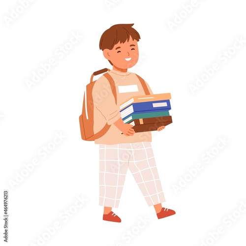 Happy kid walking with stack of books in hands and schoolbag. Elementary student child going with backpack to school. Schoolboy smiling. Colored flat vector illustration isolated on white background