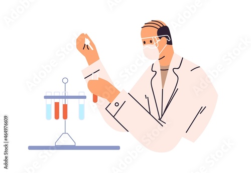 Scientist with glass test tubes with blood and plasma samples. Man at medical...