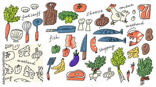 Vegetables and meat, pans and other cooking utensils motif vector illustrations. 野菜や肉などの食材と調理用具のベクターイラスト