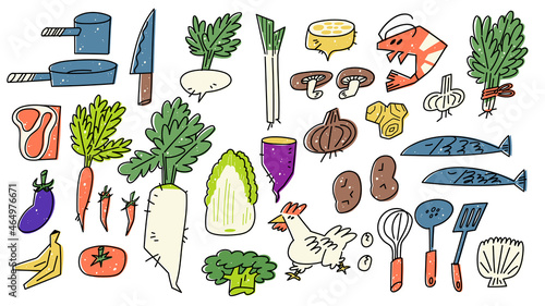 野菜や肉などの食材と調理用具のベクターイラスト Japanese vegetables motif vector illustrations. 