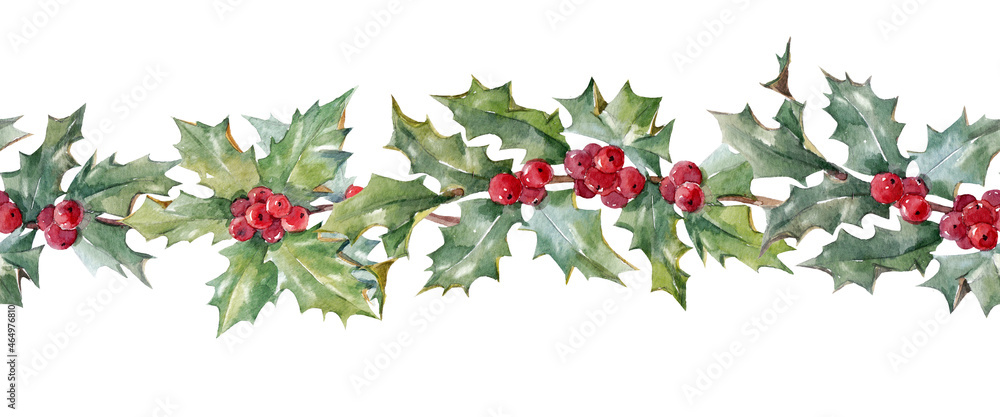 Fototapeta premium Beautiful horizontal floral christmas seamless pattern with hand drawn watercolor winter flowers such as holly. Stock 2022 winter illustration.