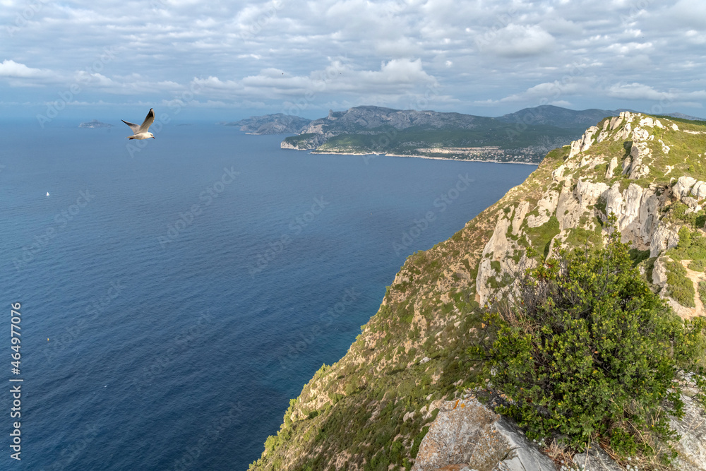 Panorama sur la mer, les calanques et les falaises depuis la route des crêtes entre La Ciotat et Cassis dans le Sud de la France Panorama sur la mer, les calanques et les falaises depuis la route des crêtes entre La Ciotat et Cassis dans le Sud de la France