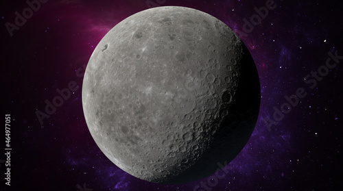 Moon in outer space against the background of stars, planets, galaxies and nebulae. Craters Surface moon satellite. 3d render