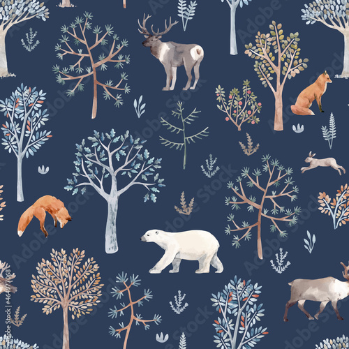 Beautiful vector winter seamless pattern with hand drawn watercolor cute trees and forest bear fox deer animals. Stock illustration.