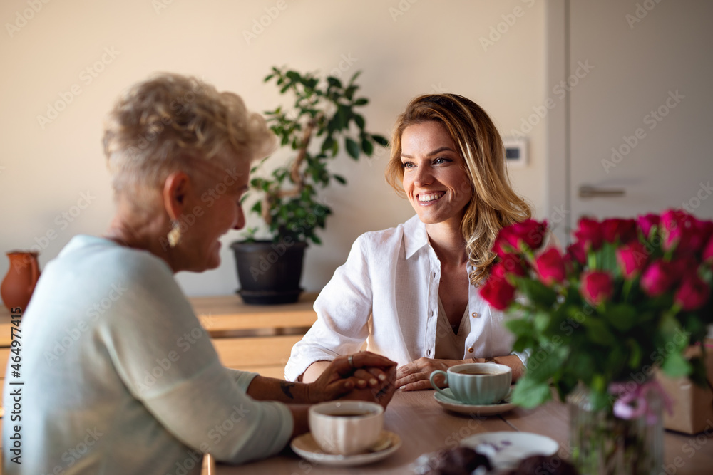 Happy senior mother having coffee with adult daughter indoors at home, sitting and talking.