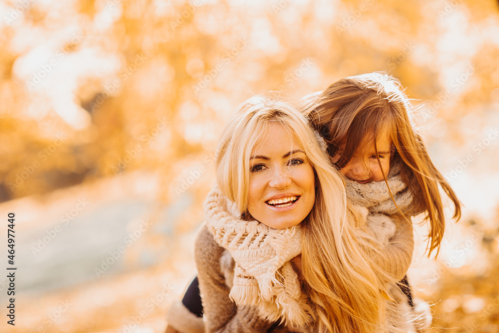 Fototapeta premium portirat of a young beautiful, blonde family / couple in the autumn leaves park