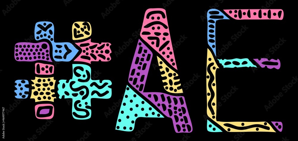 AE Hashtag. Multicolored bright isolate curves doodle letters with ornament. Popular Hashtag #AE for social network, web resources, mobile apps.