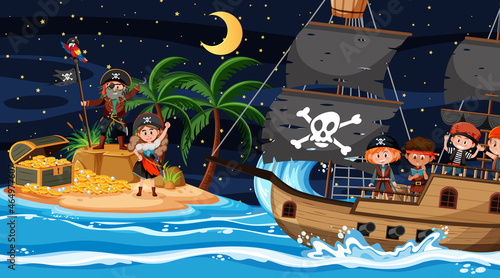 Treasure Island scene at night with Pirate kids on the ship