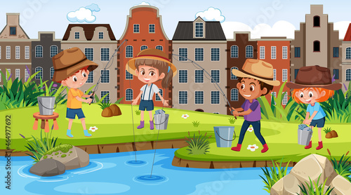Cityscape scene with many kids fishing in the river
