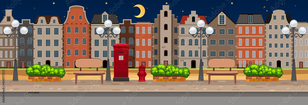 Street horizontal scene at night with many buildings background