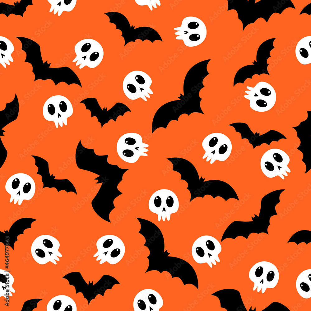 Halloween themed bats and skulls orange pattern
