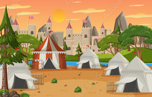 Military medieval camp with tents and warriors