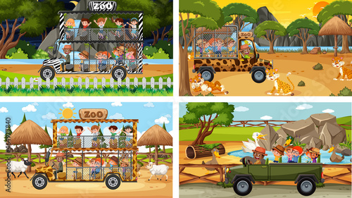 Set of different animals in safari scenes with kids