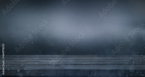 Empty wooden table with smoke and bokeh up on dark background. Advertising product banner concept.