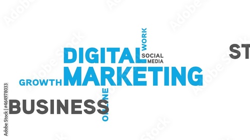Digital marketing motion - kinetic typography with blue and grey words on white background.