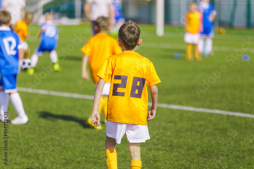 Fototapeta Naklejka Na Ścianę i Meble -  Kids in Soccer Jersey Uniforms Playing Junior League Game. Happy Boys Kicking Ball on Grass Venue. Two Children Football Teams in Yellow and Blue Shirts