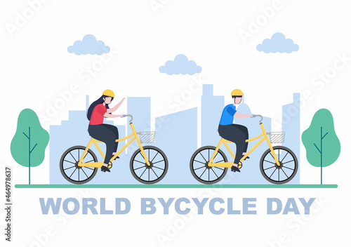 Bicycle Vector Flat Illustration. People Riding Bikes, Sports and outdoor recreational activities on Park Road or Highway are living a healthy lifestyle