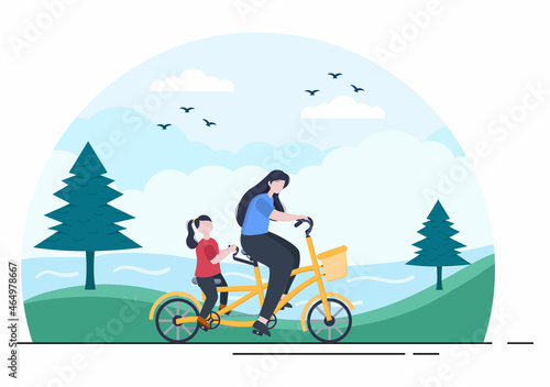 Bicycle Vector Flat Illustration. People Riding Bikes  Sports and outdoor recreational activities on Park Road or Highway are living a healthy lifestyle