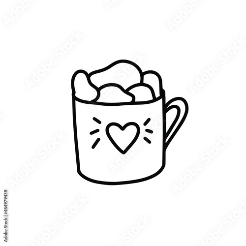 Cup of cocoa with marshmallows. Cozy picture for winter Christmas or new year s design. Heart on a cup with two knob.