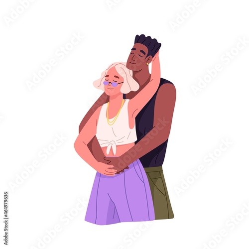 Love couple of young man and woman hugging. Biracial people in happy romantic relationships. Interracial partners. Two international lovers. Flat vector illustration isolated on white background