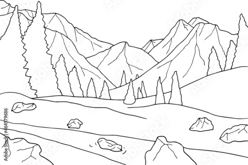 Coloring book winter landscape. Hand drawn simple vector illustration Outline style
