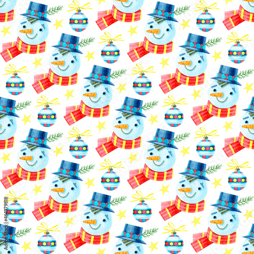 Watercolor seamless christmas pattern with cute snowman in hat and christmas tree toys. Cozy. Happy new year. Merry Christmas. Holiday illustrations on a white. For design of winter holiday.