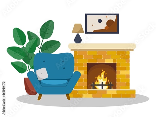 Slika na platnu Modern interior with an armchair and a fireplace, a plant and a painting
