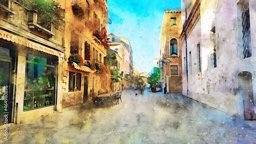 Beautiful view of the Venetian street, buildings, shops and cafes and passers-by. Color watercolor drawing. The streets of the old European city. Art postcard with views of Venice and Italy © maxa0109