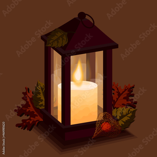 Autumnal cozy homelike decorative lantern with burning wick of candlelight inside. Vector illustration of warmth and cosiness atmosphere with physalis and herbarium on dark background.
