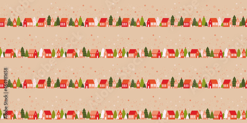 Seamless pattern with cute houses in snowy forest. Simple scandinavian style background with christmass mood for web, print, background, wallpaper, scrapbooking, wrapping paper, textile 