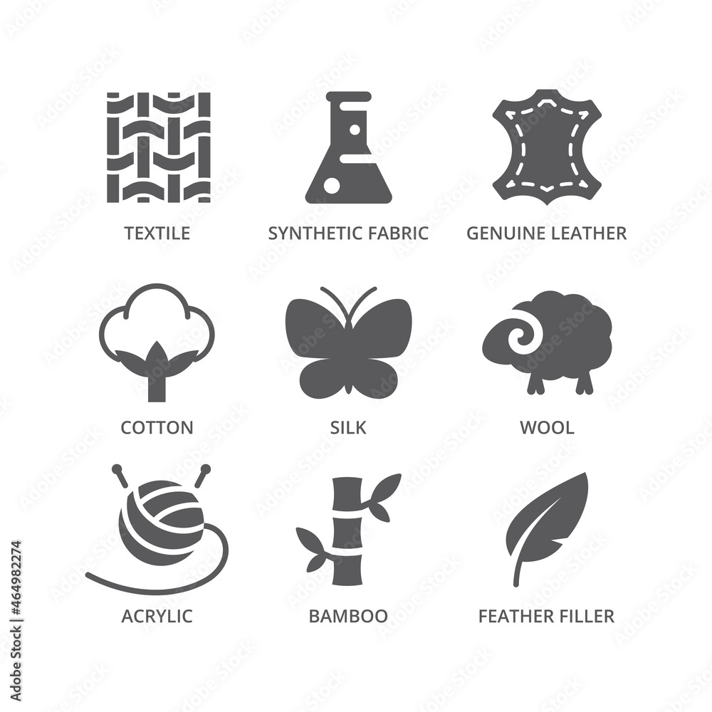 Fabric material feature vector icon set. Clothing features wool and