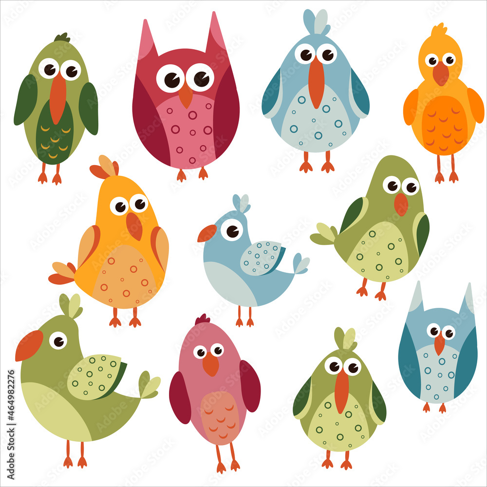 set of cute cartoon colored birds in hand drawn style vector illustration. lovely baby pictures for decor set of cute cartoon colored birds in hand drawn style vector illustration. lovely baby pictures for decor