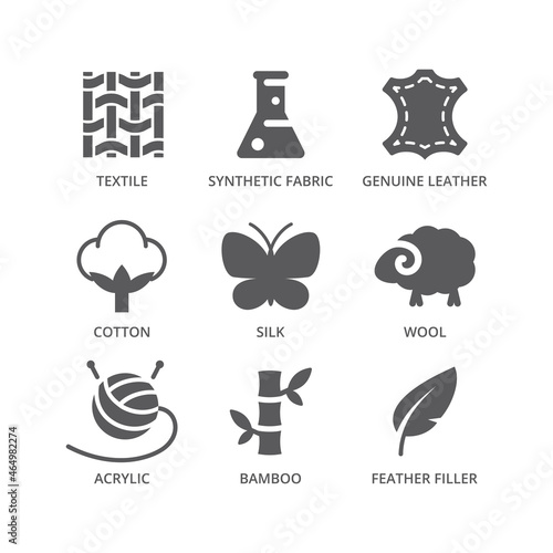 Fabric material feature vector icon set. Clothing features wool and cotton, silk and textile symbol set.