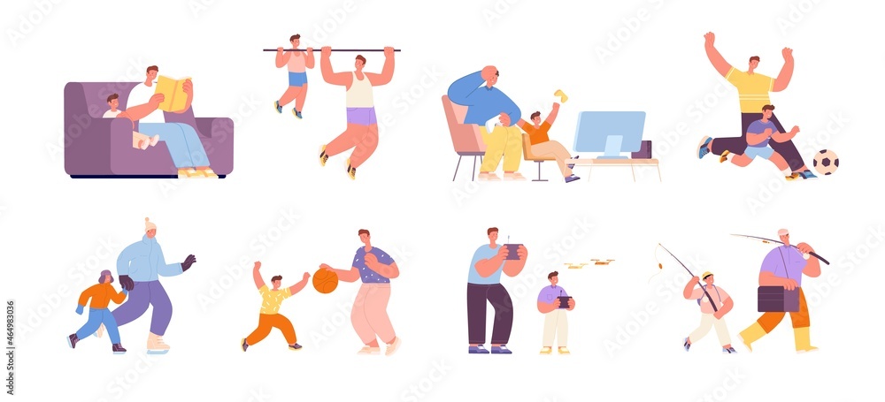 Father with child. Fatherhood, baby and dad weekend. Happy family time, parent and son fishing, reading and outdoor workout. Daddy utter vector set