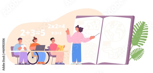 Inclusive study. Education child, school equality for children. with friends, inclusion class. Different students and teacher utter vector concept