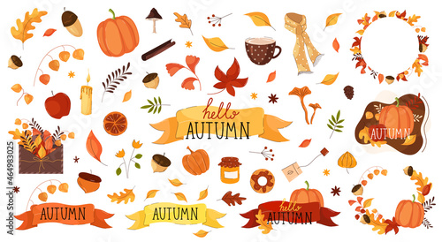 Autumn elements set collection stickers and badges designs for halloween with leaves, acorns, ribbons, wreath, frame. Vector stock illustration