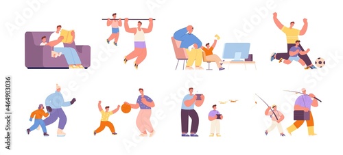 Father with child. Fatherhood, baby and dad weekend. Happy family time, parent and son fishing, reading and outdoor workout. Daddy utter vector set