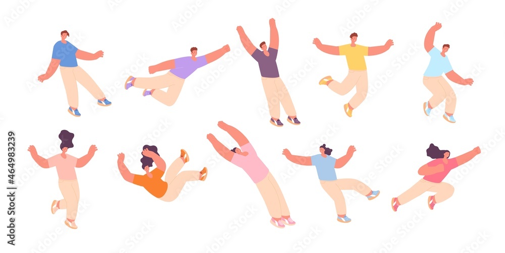 Flying characters. Floating or falling people, free acting person. Man fly experience, isolated joyed woman in air. Explore dream or freedom utter vector set
