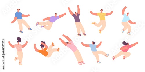 Fototapeta Naklejka Na Ścianę i Meble -  Flying characters. Floating or falling people, free acting person. Man fly experience, isolated joyed woman in air. Explore dream or freedom utter vector set