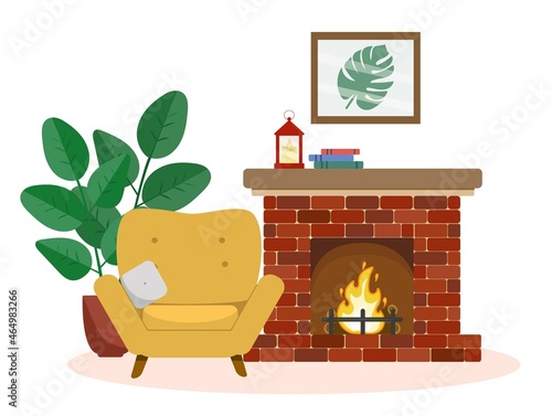 Cozy interior with an armchair and a fireplace, a plant, books and a painting. Vector illustration