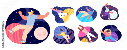 People in universe. Flying characters, adults dreaming. Modern woman experience, dream or explore astronomy. Man pushes mind boundaries utter vector set