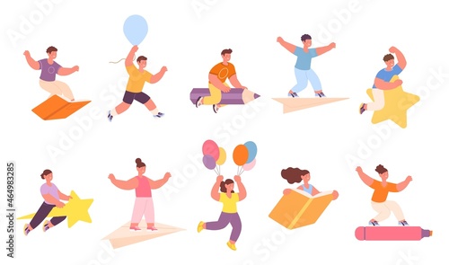 Children flying. Child fly, flight on book, pencil, star and paper plane. Cartoon ready to study kids, happy creative mind. Freedom utter vector characters