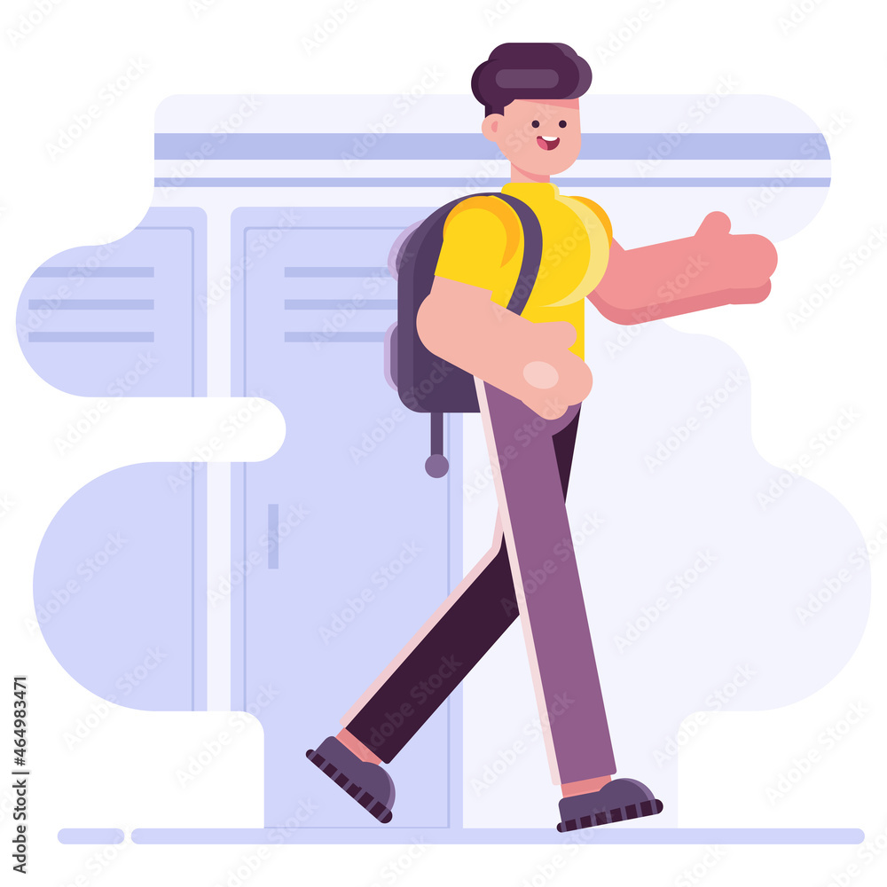 boy with backpack go in school to study. Vector flat illustration.