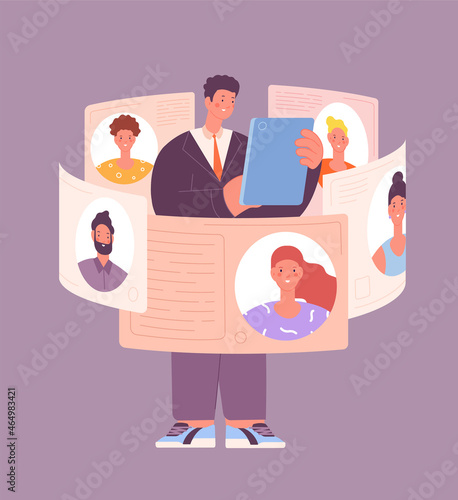 Man hiring workers. Online cv flow, businessman choose people. Person need work, modern recruitment service. Guy looking team utter vector scene